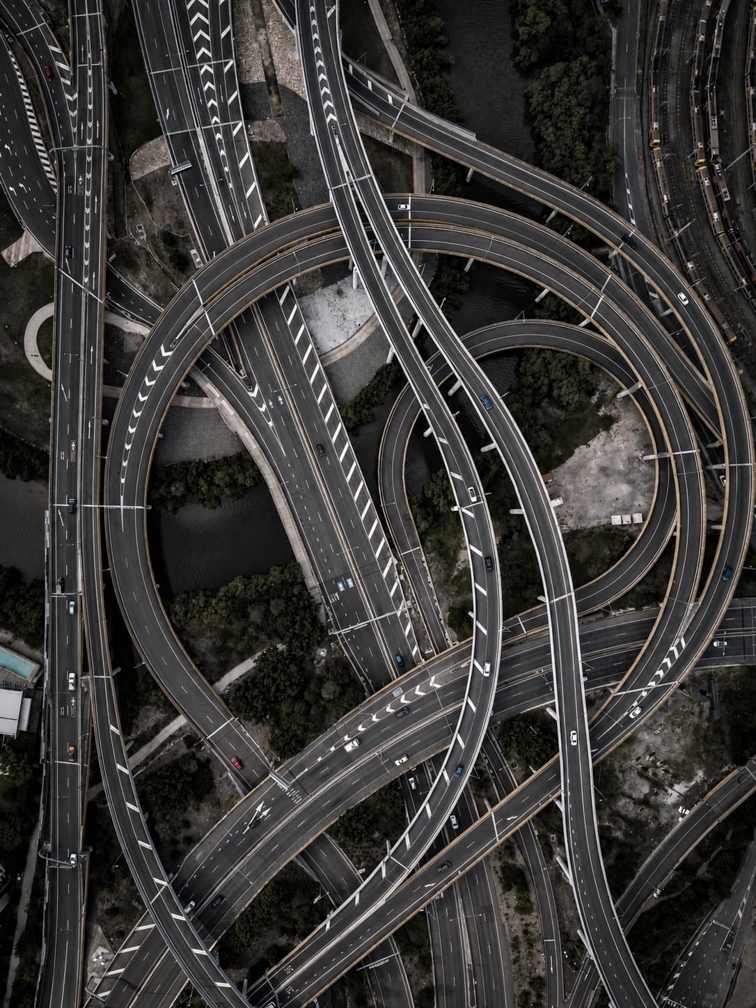 Aerial view of layered roads and intersecting routes